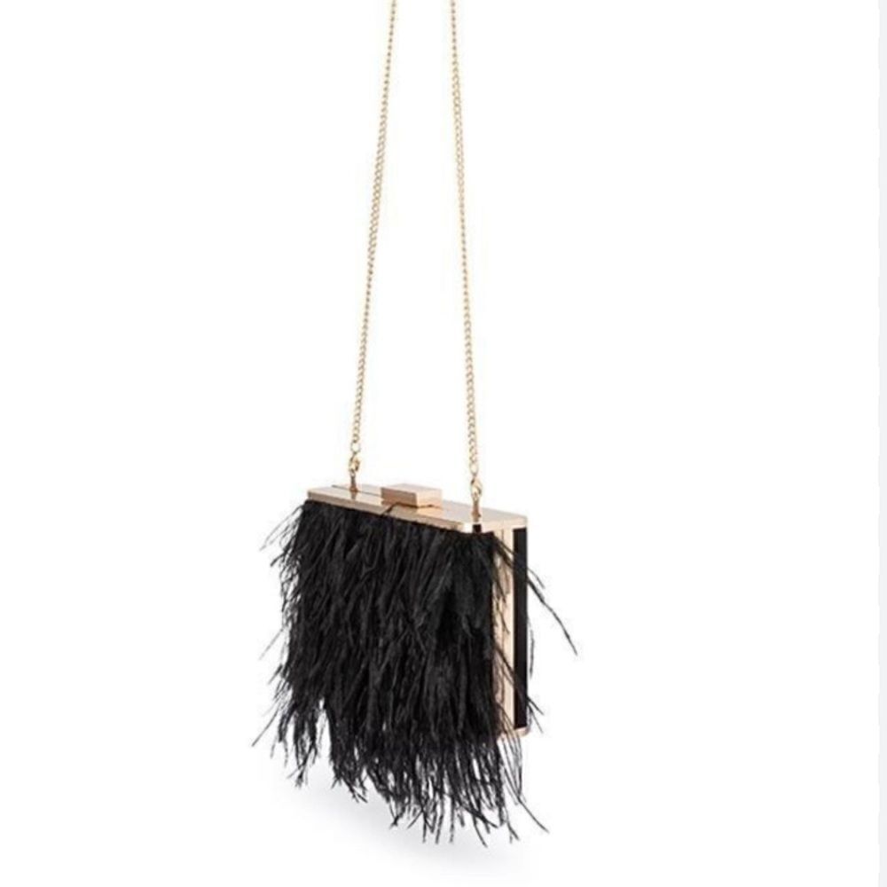 Olga Berg Ostrich Feather Embellished Clutch